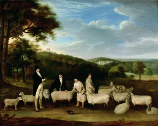 Porträt von Thomas William Coke, Esq. (1752-1842), inspiziert einige seiner South Down Schafe mit Mr. Walton und den Holkham-Schäfern